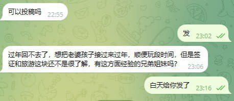 ：过年回不去了，想把老婆孩子接过来过年，顺便玩段时间，但是签证和旅游这...